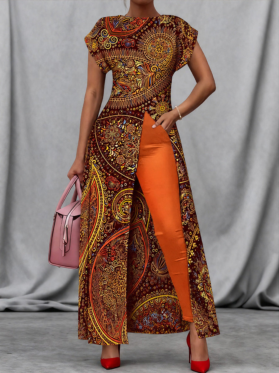 Retro Style Art Print Vintage Long Split Shirts Dress Skinny Pants Two-Piece Set